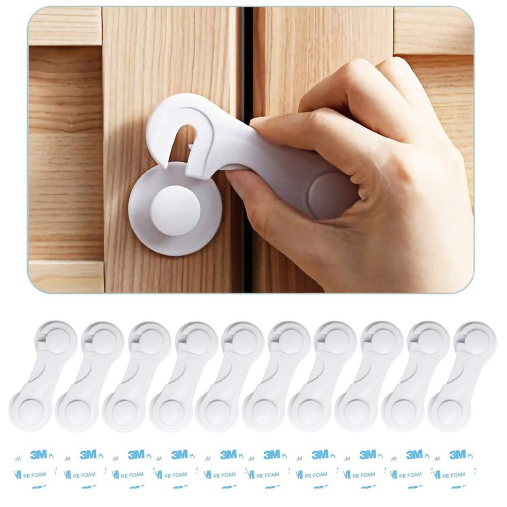 Child Safety Cabinet Locks (10 Pack) - Baby Proofing Latches Lock for Drawers, Toilet Seat, Fridge, Oven, with 10 Extra 3M Adhesives - (White)