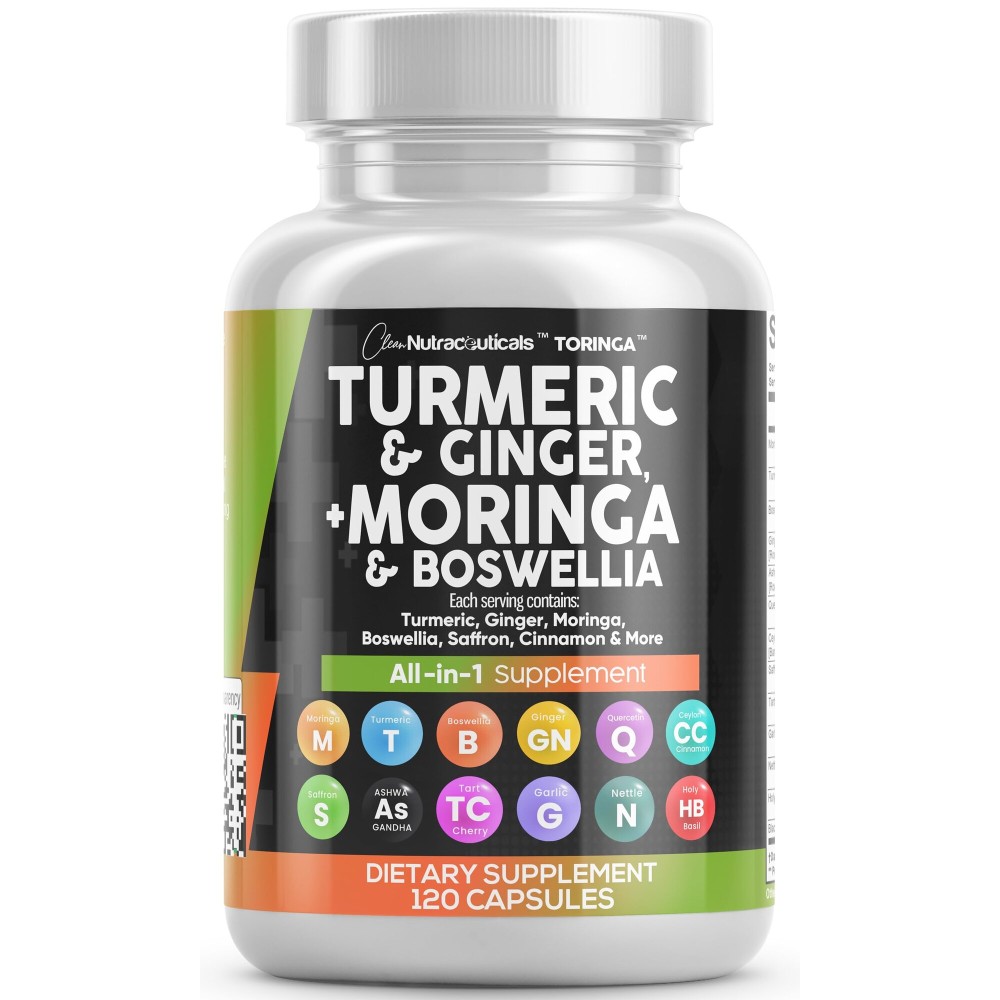 Clean Nutraceuticals Turmeric Moringa Supplement | Ginger Boswellia Saffron - Supplement for Women and Men with Ceylon Cinnamon, Tart Cherry, Quercetin Garlic Nettle Holy Basil - 1Pack