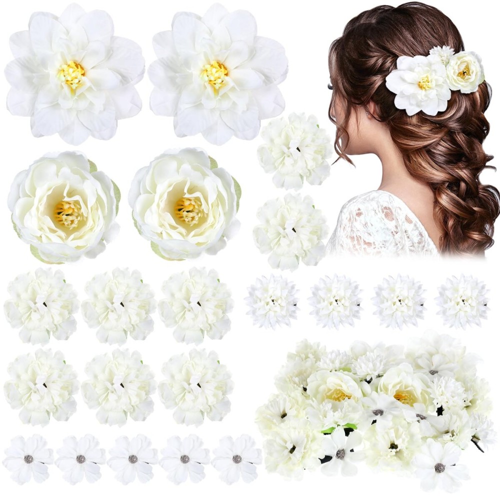 BBTO 21 Pcs Flower Hair Clip Rose Hair Clips Barrettes for Women Flower Accessories Boho Bride Claw Clip Hairpin Brooch Pin Headpiece for Wedding(White)