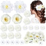BBTO 21 Pcs Flower Hair Clip Rose Hair Clips Barrettes for Women Flower Accessories Boho Bride Claw Clip Hairpin Brooch Pin Headpiece for Wedding(White)