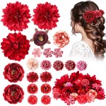 BBTO 21 Pcs Flower Hair Clip Rose Hair Clips Barrettes for Women Flower Accessories Boho Bride Claw Clip Hairpin Brooch Pin Headpiece for Wedding(Red Series)