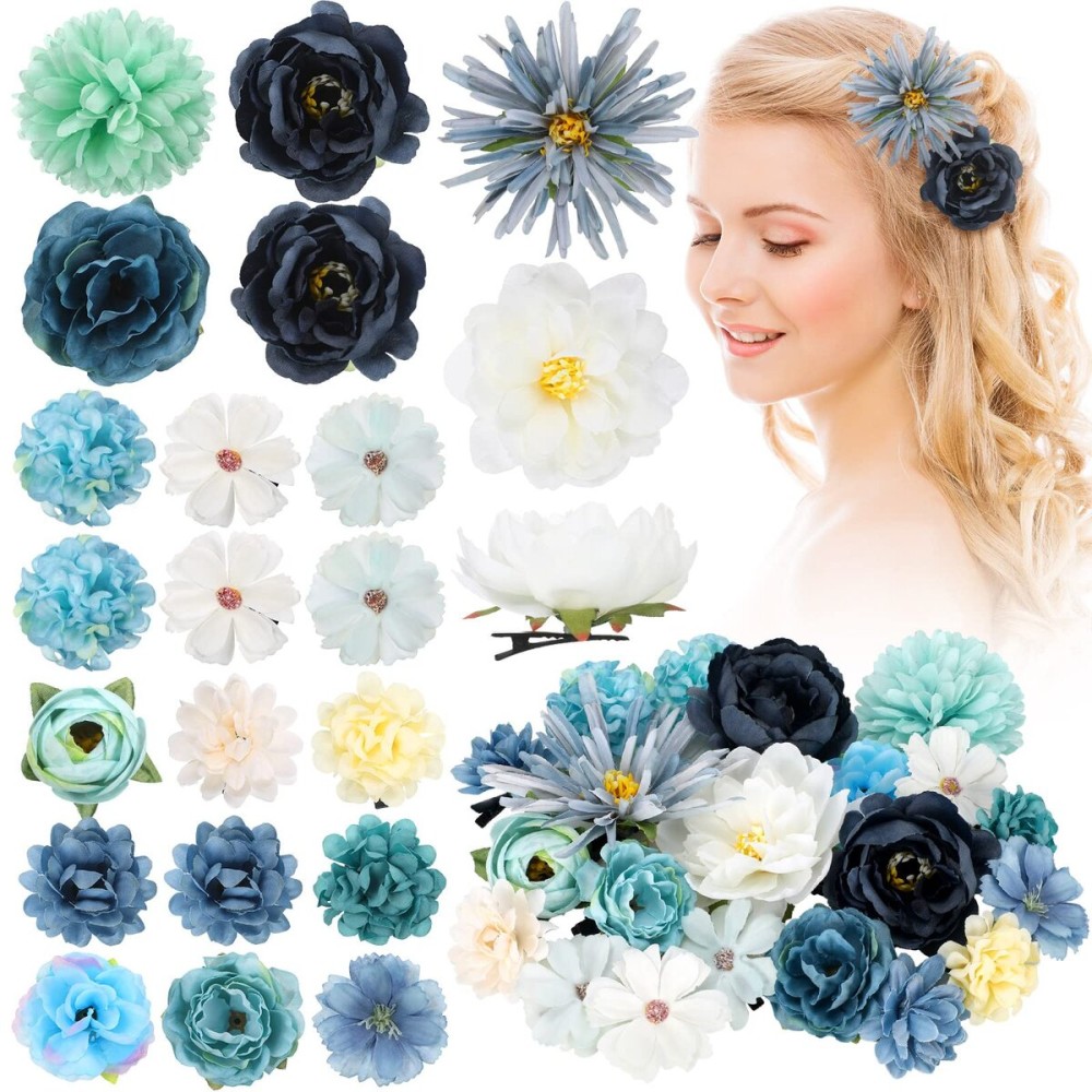 BBTO 21 Pcs Flower Hair Clip Rose Hair Clips Barrettes for Women Flower Accessories Boho Bride Claw Clip Hairpin Brooch Pin Headpiece for Wedding(Light Blue)