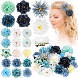 BBTO 21 Pcs Flower Hair Clip Rose Hair Clips Barrettes for Women Flower Accessories Boho Bride Claw Clip Hairpin Brooch Pin Headpiece for Wedding(Light Blue)