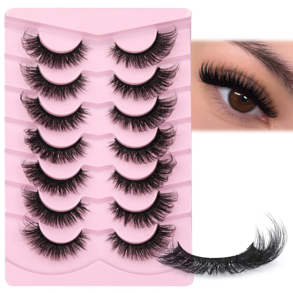 JIMIRE Faux Mink Lashes Fluffy Cat Eye Natural False Eyelashes Volume Wispy Fox Eye Crossed 17MM Thick Fake Lashes Look Like Eyelash Extensions Pestaas 7 Pairs Pack