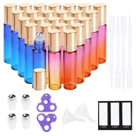 PrettyCare 24 Pack, 10 ml Essential Oil Roller Bottles with Stainless Steel Roller Ball - Refillable Leak-proof Empty Thick Rainbow Glass Roll on Bottles with Metal Caps for Travel, Perfume