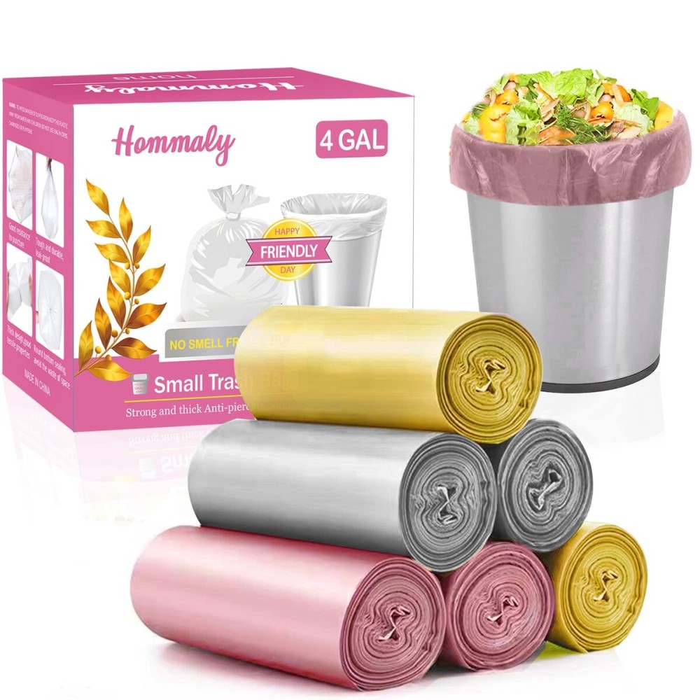 4 Gallon 180pcs Small Multi Trash Bags Strong Garbage Bags,Gold Grey Pink Bathroom Trash Can Bin Liners, Plastic Bags for Bedroom, Waste Basket Liner, Fit 12-15 Liter, 3.5,4,4.5 Gal(4G-3M180) PGG