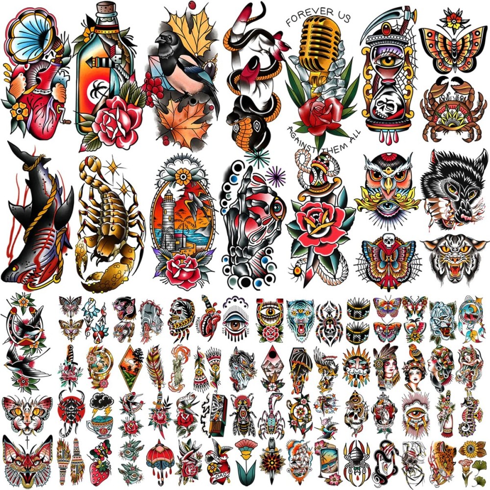 77 Sheets Vintage Temporary Tattoo, Old School Temporary Tatoos Flower Swallows Butterflies Tiger Scorpion Snake Hand Owl Swords for Women Girls and Men, Half Arm Fake Tattoos for Adults Shoulder Arm