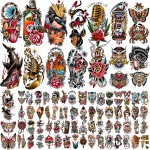 77 Sheets Vintage Temporary Tattoo, Old School Temporary Tatoos Flower Swallows Butterflies Tiger Scorpion Snake Hand Owl Swords for Women Girls and Men, Half Arm Fake Tattoos for Adults Shoulder Arm