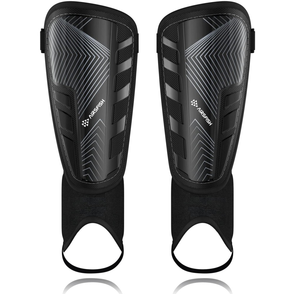 Upgraded Soccer Shin Guards for Kids Youth Adults, CE Certified AirsFish Shin Guard Sleeves Protection Gear for Boys Girls Soccer Games EVA Cushion Reduce Shocks and Injuries (Medium, Black)
