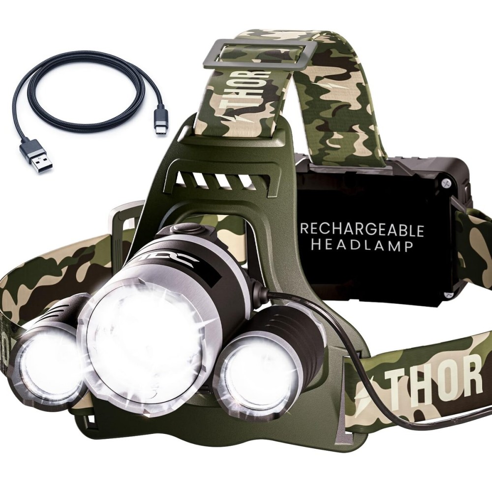 TDC Camo Rechargeable Headlamp - Zoomable Led Headlamp - Headlamp Flashlight USB - Waterproof Headlamps for Adults - Head Lamps Outdoor Led Rechargeable - Head Lights for Forehead