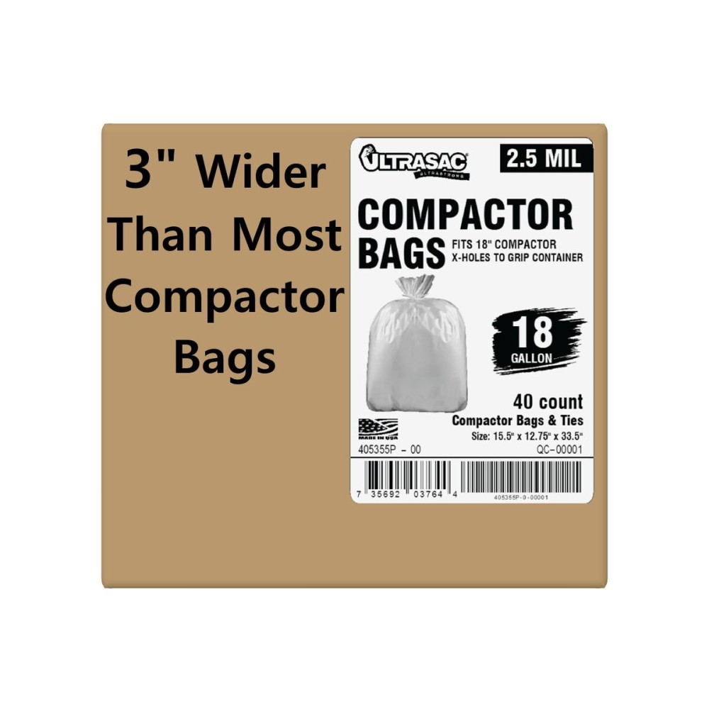 Ultrasac 18 Gallon Compactor Bags (40 Pack with Ties) For 18 Inch Compactors - 28.25 x 33.5 Heavy Duty 2.5 MIL Garbage Disposal Bags Compatible with Whirlpool
