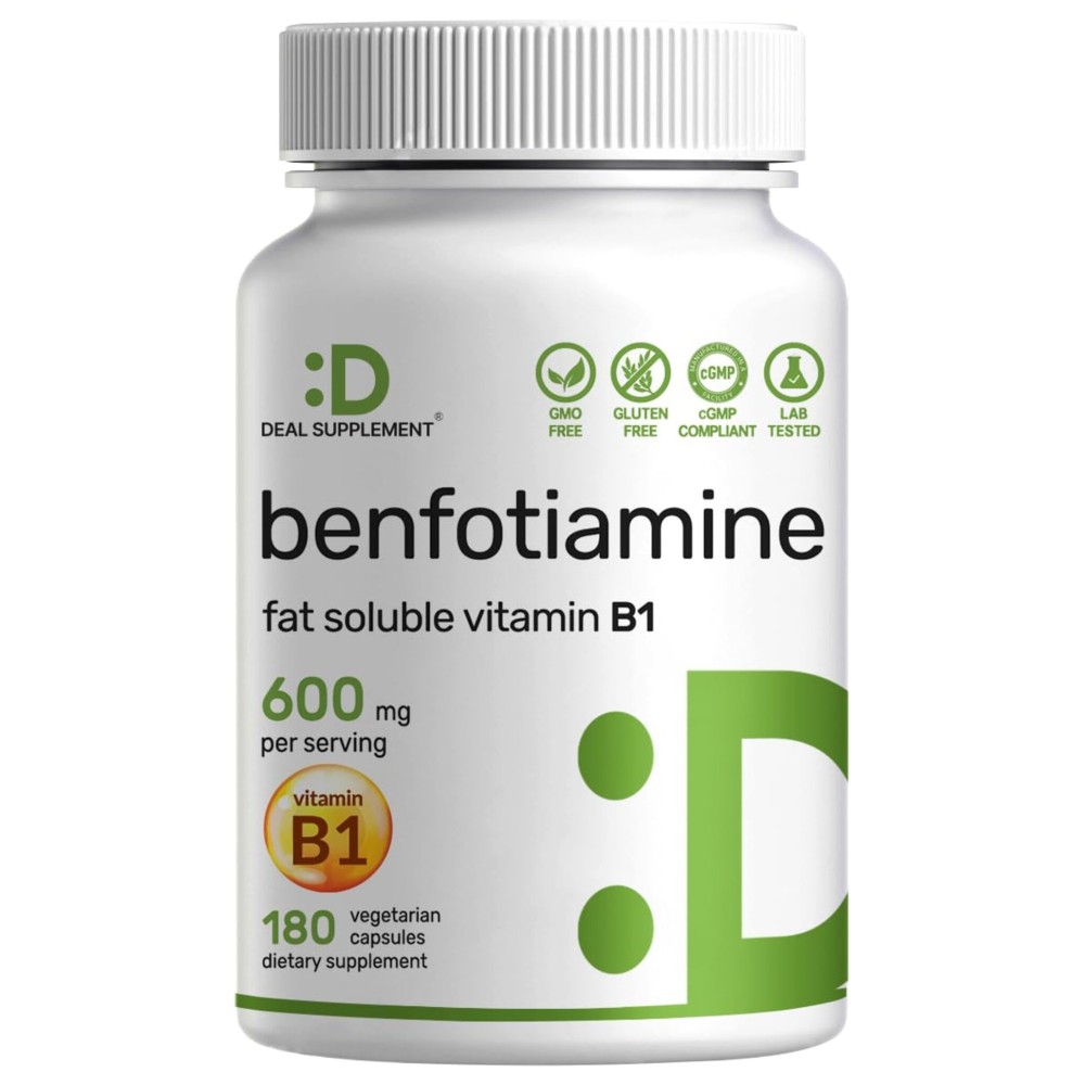 Benfotiamine 600mg Per Serving, 180 Veggie Capsules (300mg Per Cap) - Fat Soluble Vitamin B1 Thiamine Supplement - 3rd Party Tested, Vegan, Non-GMO, Gluten Free