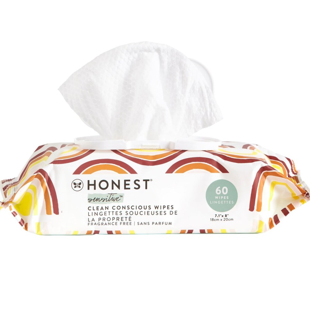 The Honest Company Clean Conscious Multi-Use Wipes Hypoallergenic and Unscented for Sensitive Baby Skin Over 99% Water Compostable Plant Based Rainbow 60 Count