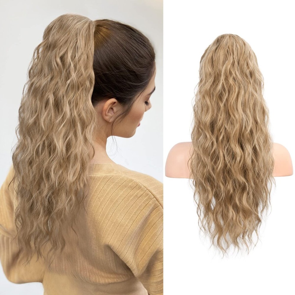 Flufymooz Ponytail Extension, 22 Inch Drawstring Ponytail Hair Extensions for Women Long Curly Wavy Pony Tail Natural Wavy Synthetic Hairpiece for Women Daily Use party (22 Inch Dark Blonde Mixed)