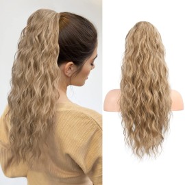 Flufymooz Ponytail Extension, 22 Inch Drawstring Ponytail Hair Extensions for Women Long Curly Wavy Pony Tail Natural Wavy Synthetic Hairpiece for Women Daily Use party (22 Inch Dark Blonde Mixed)