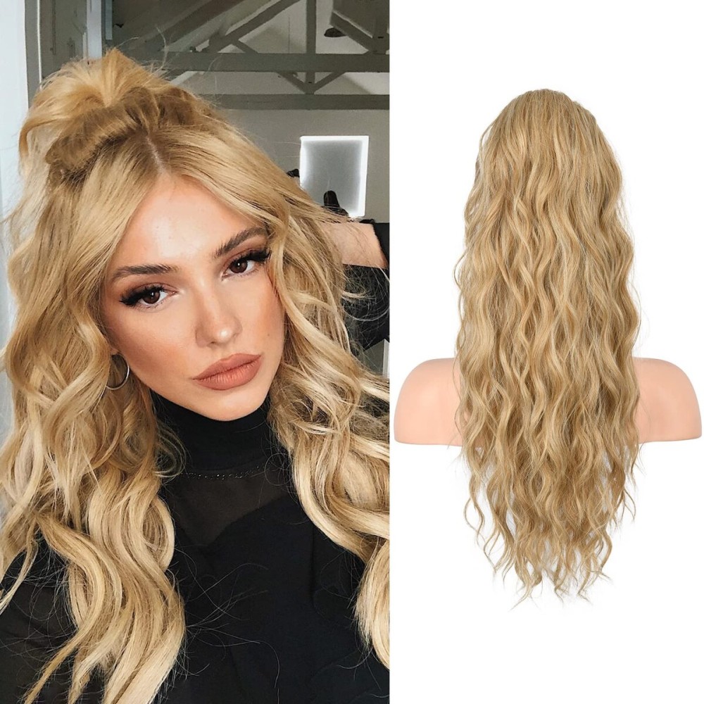 FLUFYMOOZ Ponytail Extension, 22 Inch Drawstring Ponytail Hair Extensions for Women Long Curly Wavy Ponytail Natural Synthetic Hairpiece for Women (22 Golden Blonde with Highlights)