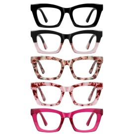 XXZQRYHN Oprah Reading Glasses for Women-5 Pack Blue Light Blocking Square Fashion Readers with Spring Hinge Computer Eyeglasses(Mix1, 2.25x)