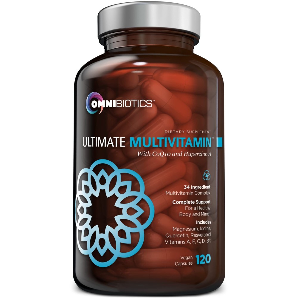 OmniBiotics Ultimate Daily Multivitamin for Women & Men - 34 Essential Ingredients Including Vitamin A, C, D, E, B6, B12, Biotin, Zinc - 120 Vegan Capsules