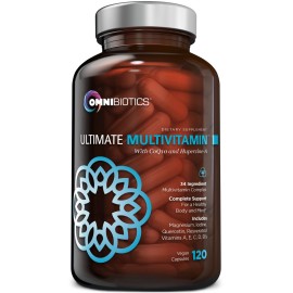 OmniBiotics Ultimate Daily Multivitamin for Women & Men - 34 Essential Ingredients Including Vitamin A, C, D, E, B6, B12, Biotin, Zinc - 120 Vegan Capsules