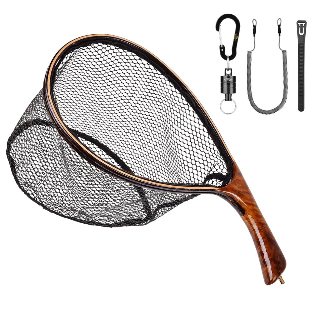 SF Small Fly Fishing Landing Net with Magnetic Release Curved Handle Wooden Frame Black Rubber Mesh Net Burls Wood Grain for Streams, Small Rivers, Hikers,Tenkara