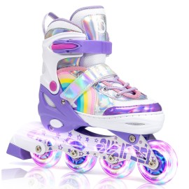 SULIFEEL Rainbow Unicorn Adjustable Inline Skates for Girls Boys and Kids with All Illuminating PU Wheels for Outdoor and Indoor Beginner Skates Purple Large