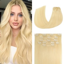 Aison Blonde Clip in Hair Extensions Real Human Hair 70G Bleach Blonde 100% Remy Human Hair Soft Silky Straight 7pcs 16clips One Pack (18 Inch 613)