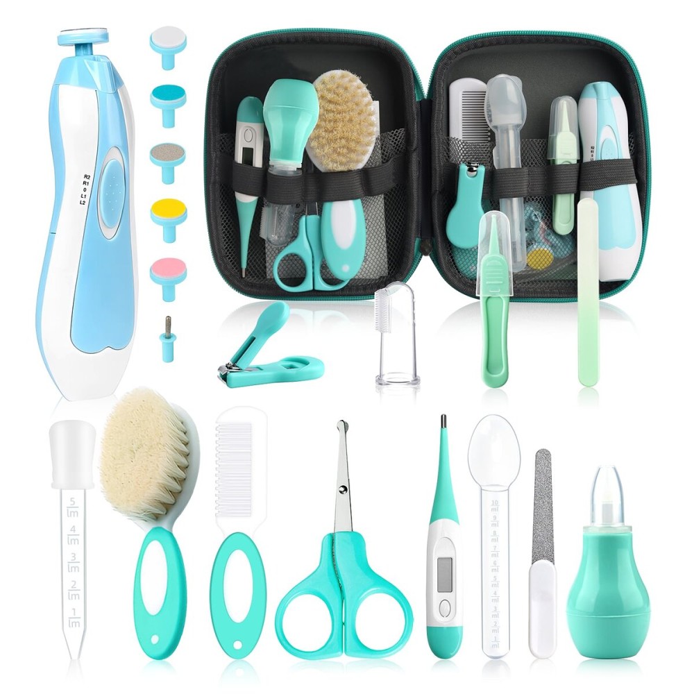 Baby Grooming Kit, Electric Safety Nail Trimmer Baby Nursery KitInfant Safety Care Set with Hair Brush Comb Nail Clipper Nasal Aspirator,Baby Essentials Kit for Newborn Girls Boys (20 Pc Green Kit)