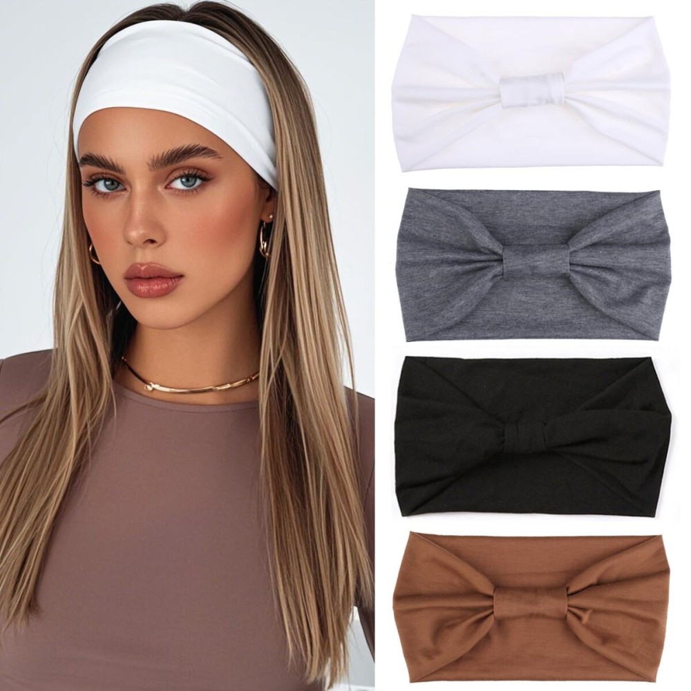 Xtrend 4 Packs Women Wide Hair Bands Black Fashion Bandanas Boho Style Thick Hair Bands Large African Women Outdoor Sports Yoga Bandanas Hair Accessories Solid Color ((White, Dark Gray, Black, Coffee)