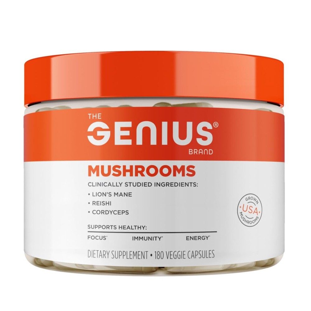 Genius Mushroom Supplement - Full-Spectrum Lions Mane, Cordyceps, Reishi -Daily Brain Nootropic for Energy, Focus, Memory & Overall Wellness - 180 Capsules - Organic for Mental Clarity & Performance