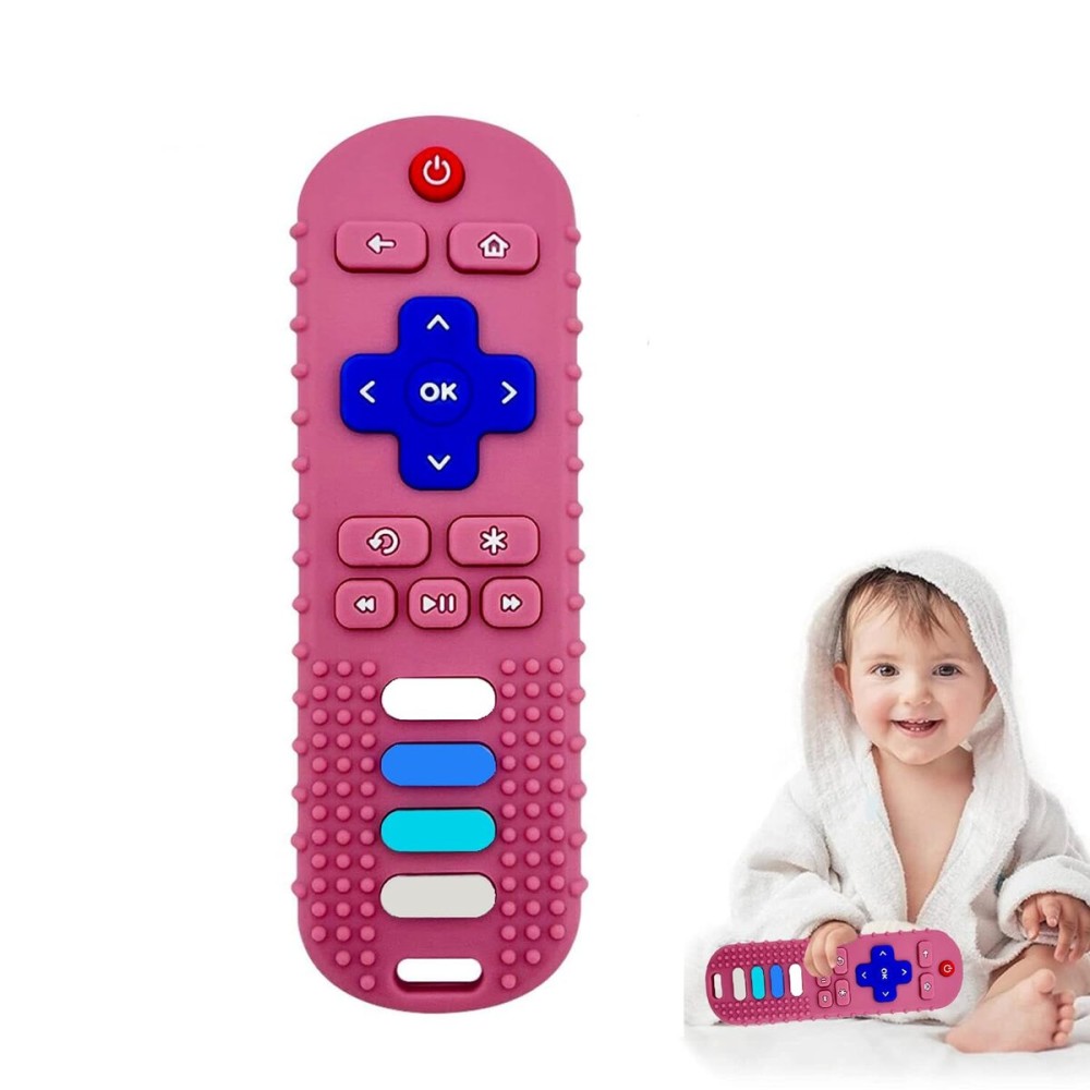 Baby Teether Toy,TV Remote Control Shape Teething Relief Chew Toy for Infants 3-24 Months, BPA Free, Pink