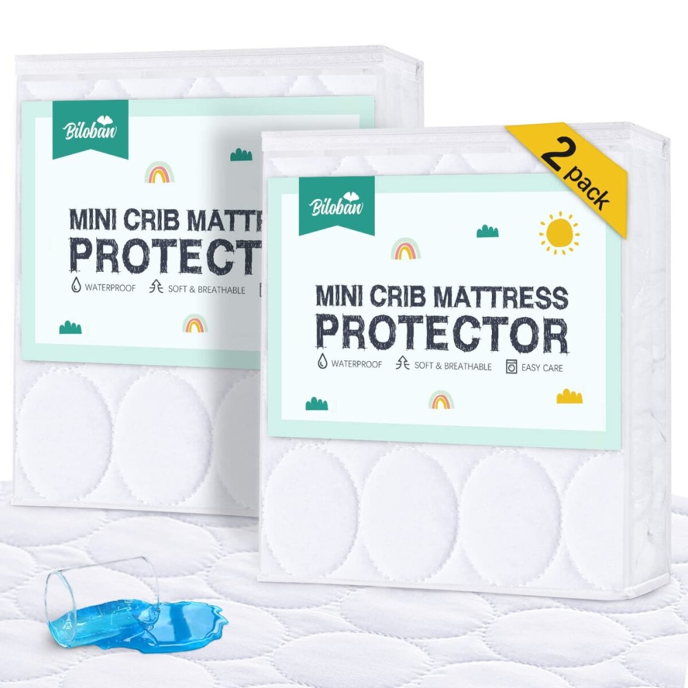 Mini Crib Mattress Protector Sheets Waterproof 2 Pack, Quilted Pack and Play Mattress Pad Cover Fits for Mini Crib/Playen/Pack and Play Mattress, White, 38x24