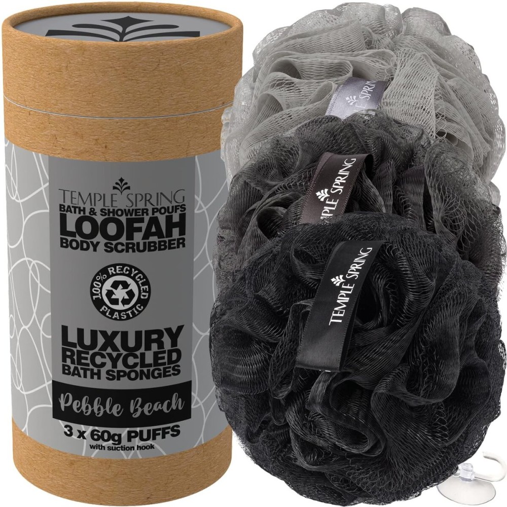 Temple Spring Recycled Luffa Sponges, Bathroom Shower Accessories, Loofa Bath Sponge, Exfoliating Body Scrubber Exfoliator Pouf, Shower Scrubber Puff, Poof, Loofah for Women, Loofah for Men - Grey