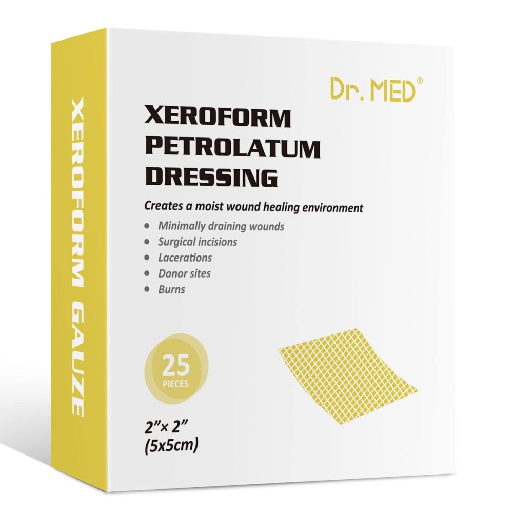 Dr.Med Xeroform Petrolatum Dressing Patch, 2x2-25 Pcs/Box, Non-Adherent Gauze Dressings, for Minor or Partial Thickness Burns, Lacerations, Skin Graft Recipient Sites, Newly Sutured Wounds