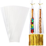 Augshy Pretzel Rod Bags, 300 Pcs 2 x 10 Pretzel Bags Individual Bag ClearIndividual Bag with Ties for Lollipop Candy Chocolate Cookie Wrapping