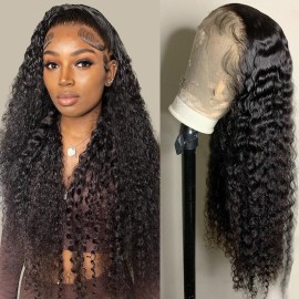 Tipiuli Deep Wave Lace Front Wigs Human Hair 13x4 HD Transparent Lace Frontal Curly Wigs for Women Human Hair 180% Density Glueless Wigs Human Hair Pre Plucked with Baby Hair Natural Color (28 Inch)