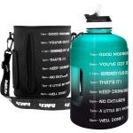 QuiFit Motivational Gallon Water Bottle - with Straw & Time Marker BPA Free Large Reusable Sport Water Jug with Handle for Fitness Outdoor Enthusiasts Leak-Proof (Green/Black with Sleeve,1 gallon)