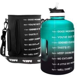 QuiFit Motivational Gallon Water Bottle - with Straw & Time Marker BPA Free Large Reusable Sport Water Jug with Handle for Fitness Outdoor Enthusiasts Leak-Proof (Green/Black with Sleeve,1 gallon)