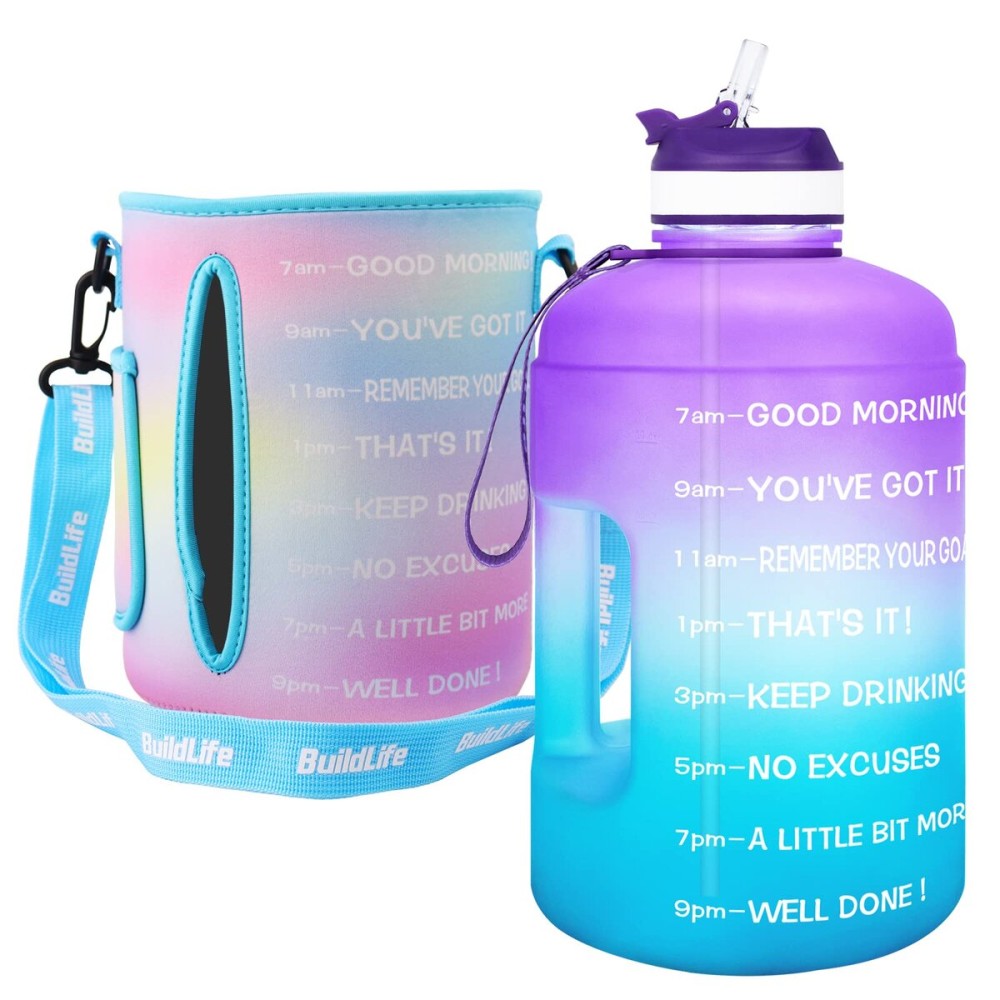 QuiFit Motivational Gallon Water Bottle - with Straw & Time Marker BPA Free Large Reusable Sport Water Jug with Handle for Fitness Outdoor Enthusiasts Leak-Proof (Purple/Blue,1 gallon)