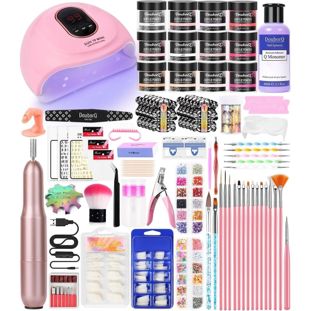 Acrylic Nail Art Kit-Nail Art Manicure Set Acrylic Powder Brush Glitter File French Tips U V Lamp Nail Art Decoration Tools Nail Drill kit for beginners with everything at home (White)