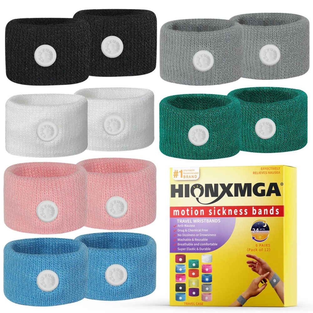 HIONXMGA 6 Pairs Motion Sickness Bands - Natural Anti Nausea Acupressure Wristbands for Morning & Motion Sickness Relief - Ideal for Car, Cruise & Flight Travel - for Adults and Kids