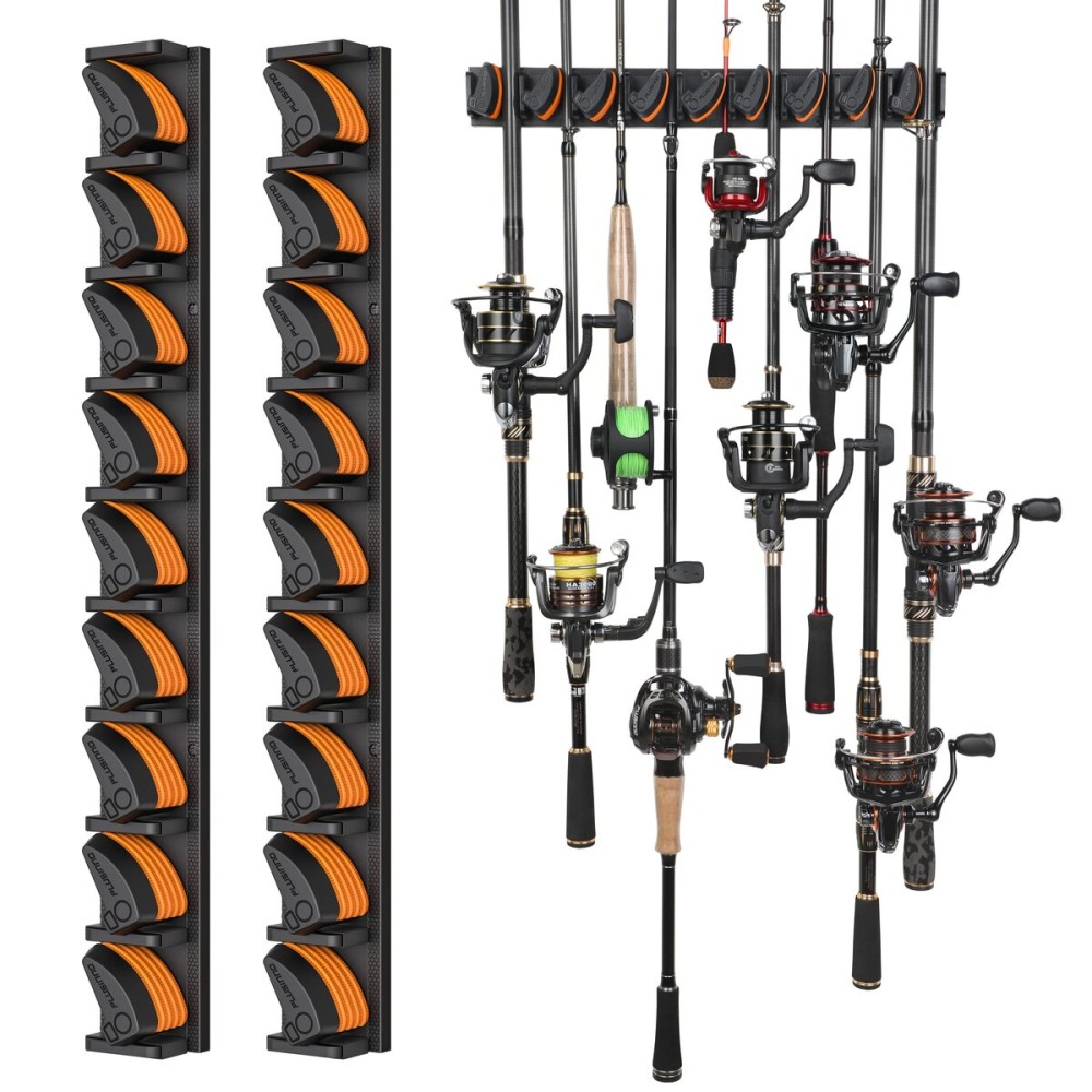 PLUSINNO V9 Vertical Fishing Rod Holders, 2 Packs Wall Mounted Fishing Pole Holders, Fishing Rod Racks Hold Up to 18 Rods or Combos, Fishing Pole Holders for Garage, Fishing Gear and Gifts for Men