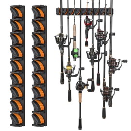 PLUSINNO V9 Vertical Fishing Rod Holders, 2 Packs Wall Mounted Fishing Pole Holders, Fishing Rod Racks Hold Up to 18 Rods or Combos, Fishing Pole Holders for Garage, Fishing Gear and Gifts for Men