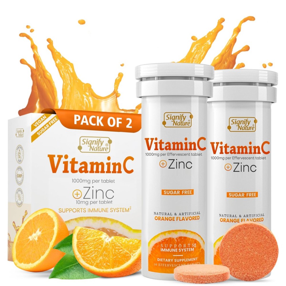 SIGNIFY NATURE Vitamin C 1000mg Effervescent Tablets - Potent Immune Support VIT C with Zinc Supplement - Sugar-Free & Vegan Formula | Dissolvable Vitamin C Tablets - Water Soluble Fizzy Elixir - 20CT