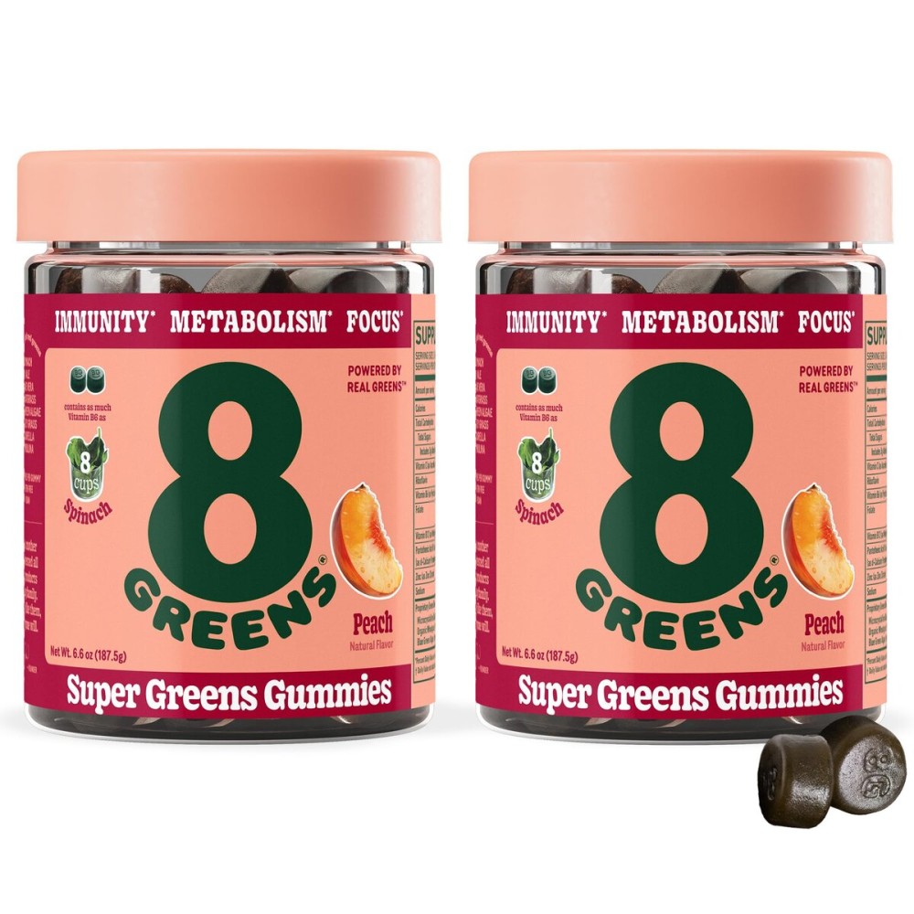 8Greens Supergreens Gummies | Super Greens Powder Superfood Gummy for Metabolism, Immunity & Focus, Digestive Health Enzymes, Organic: Chlorella, Spirulina, Aloe Vera, Peach Flavor, 100 Count