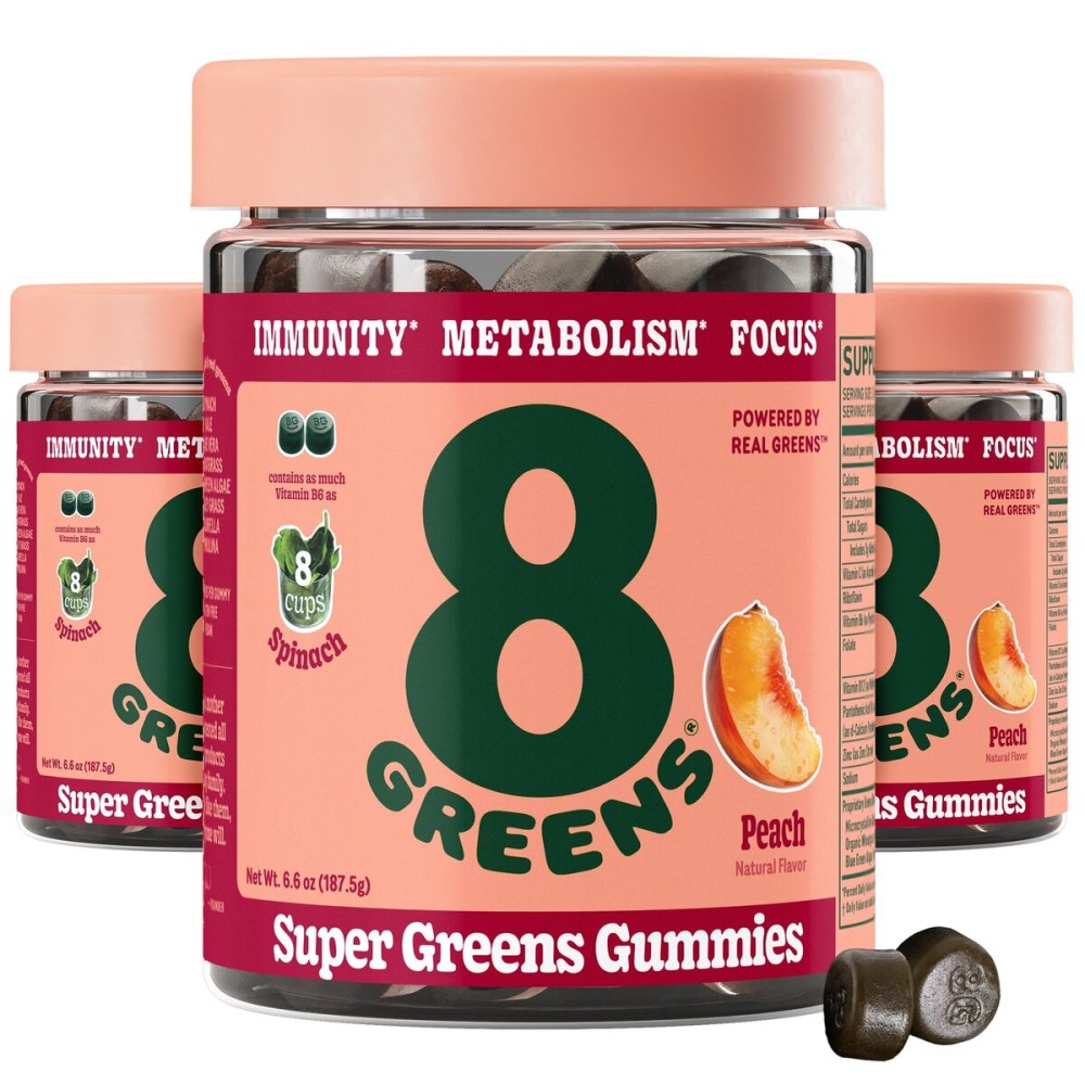 8Greens Supergreens Gummies | Super Greens Powder Superfood Gummy for Metabolism, Immunity & Focus, Digestive Health Enzymes, Organic: Chlorella, Spirulina, Aloe Vera, Peach Flavor, 150 Count