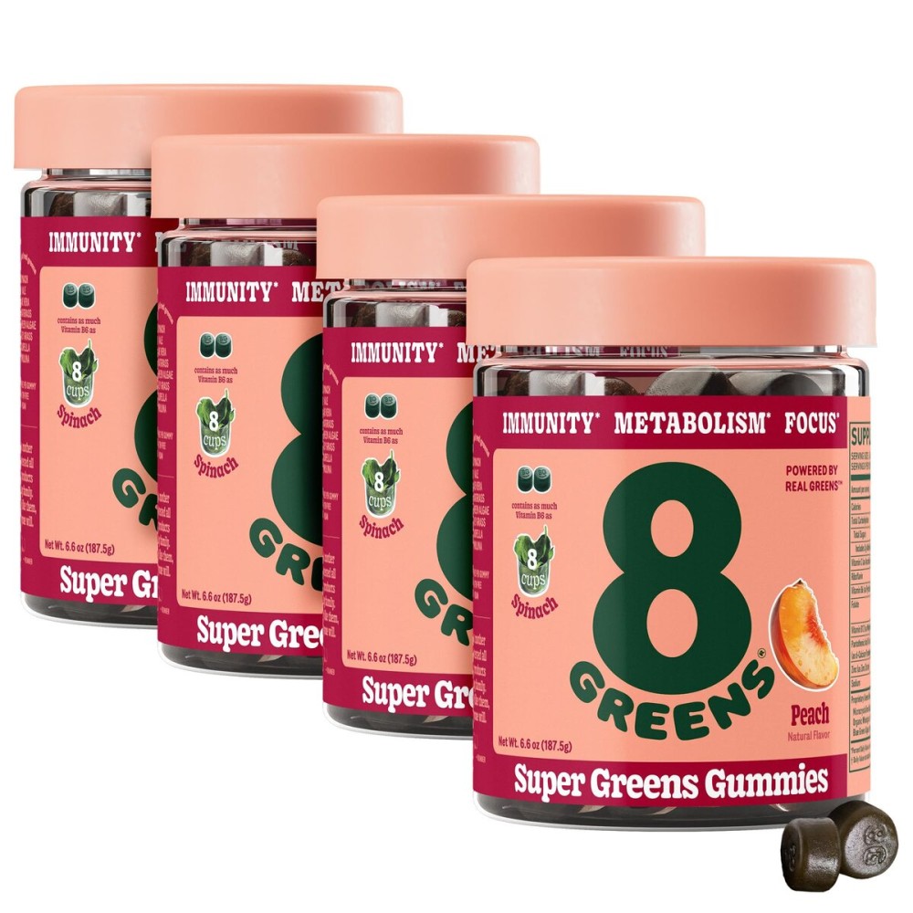 8Greens Supergreens Gummies | Super Greens Powder Superfood Gummy for Metabolism, Immunity & Focus, Digestive Health Enzymes, Organic: Chlorella, Spirulina, Aloe Vera, Peach Flavor, 200 Count