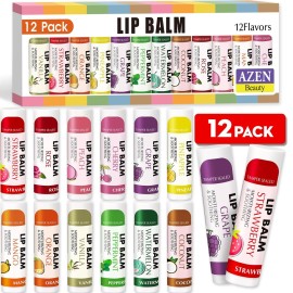 AZEN 12 Pack Lip Balm, Natural Lip Balm Bulk, Lip Care Product, Moisturizing Lip Balms for dry cracked lips - 12 Flavors