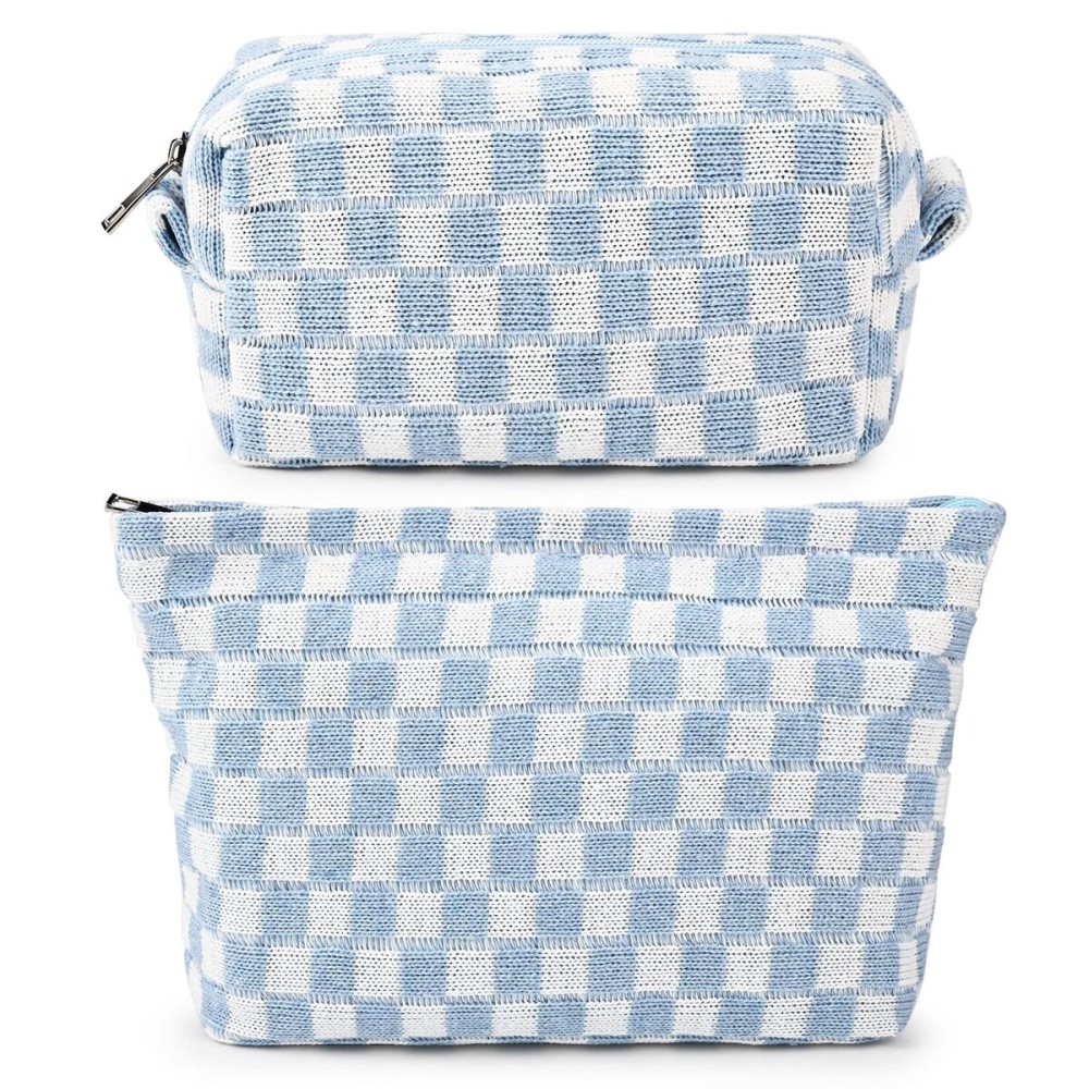 SOIDRAM 2 Pieces Makeup Bag Large Checkered Cosmetic Bag Capacity Canvas Mix Travel Toiletry Bag Organizer Cute Makeup Brushes Aesthetic Accessories Storage Bag for Women, Checkered Mix Blue