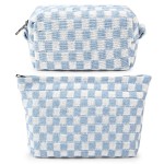 SOIDRAM 2 Pieces Makeup Bag Large Checkered Cosmetic Bag Capacity Canvas Mix Travel Toiletry Bag Organizer Cute Makeup Brushes Aesthetic Accessories Storage Bag for Women, Checkered Mix Blue