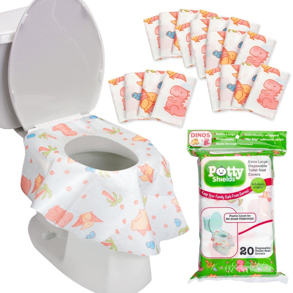 Potty Shields Toilet Seat Covers Disposable (20 pk, Dinosaurs) - XL Waterproof Toilet Cover for Toddlers, Kids & Adults - Portable & Individually Wrapped for Travel, Potty Training, Public Restrooms